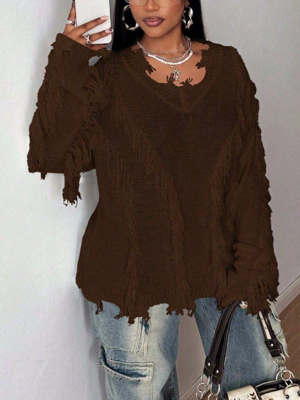 Brown Casual Women's V Neck Long-Sleeved Tattered Knitted Pullover Sweater